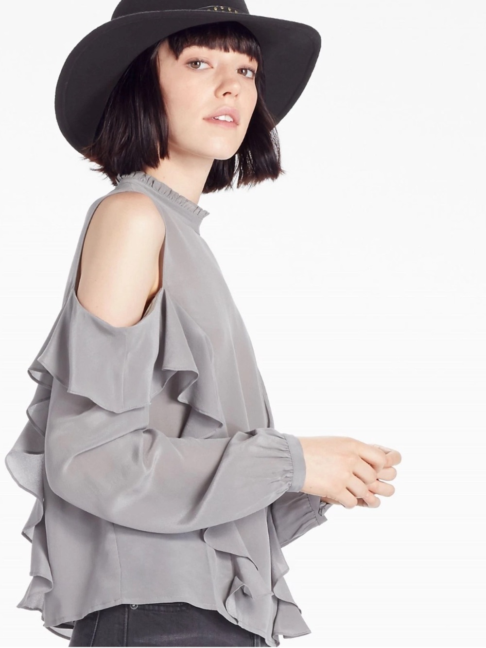 Lucky Brand Grey silk Ruffle Sleeve Cold Shoulder Long Sleeve Blouse